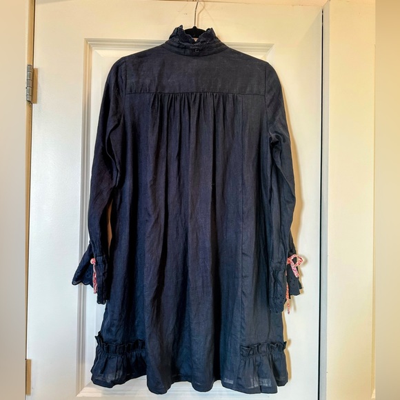On This Note Noa Noa Linen Dress XS Navy Blue Ruffles & Lace Victoria Collar - Picture 7 of 11